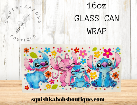 Stitch and Angel flowers 16oz UVDTF wrap