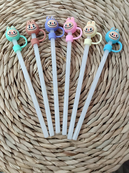 3D yellow labubu inspired straw topper